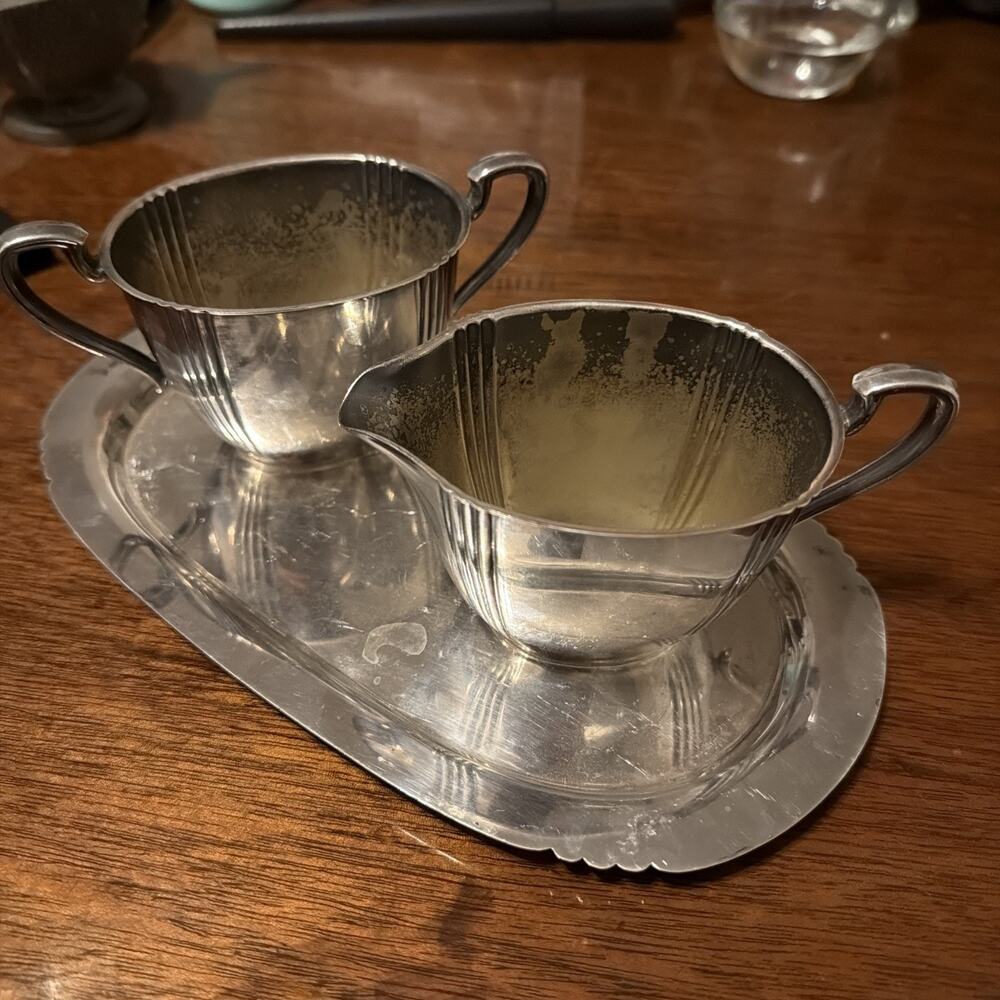 Silverplate Creamer & Sugar Bowl Set w/ Tray maker marks and # 2460 Art Deco